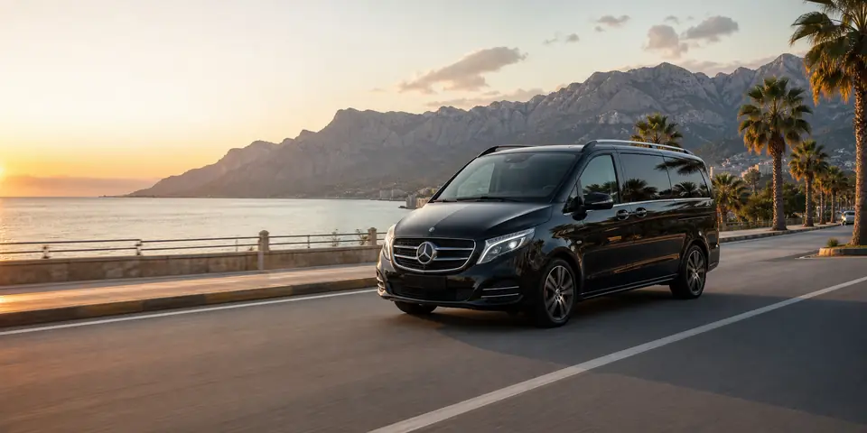 Alanya sahil manzarasında VIP transfer aracı